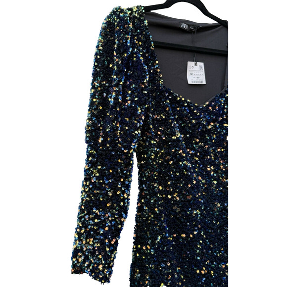 ZARA NWT WOMANS MULTICOLORED SEQUIN VELVET PUFF SLEEVE BODYCON MINI DRESS‎ SZ M - Picture 6 of 15